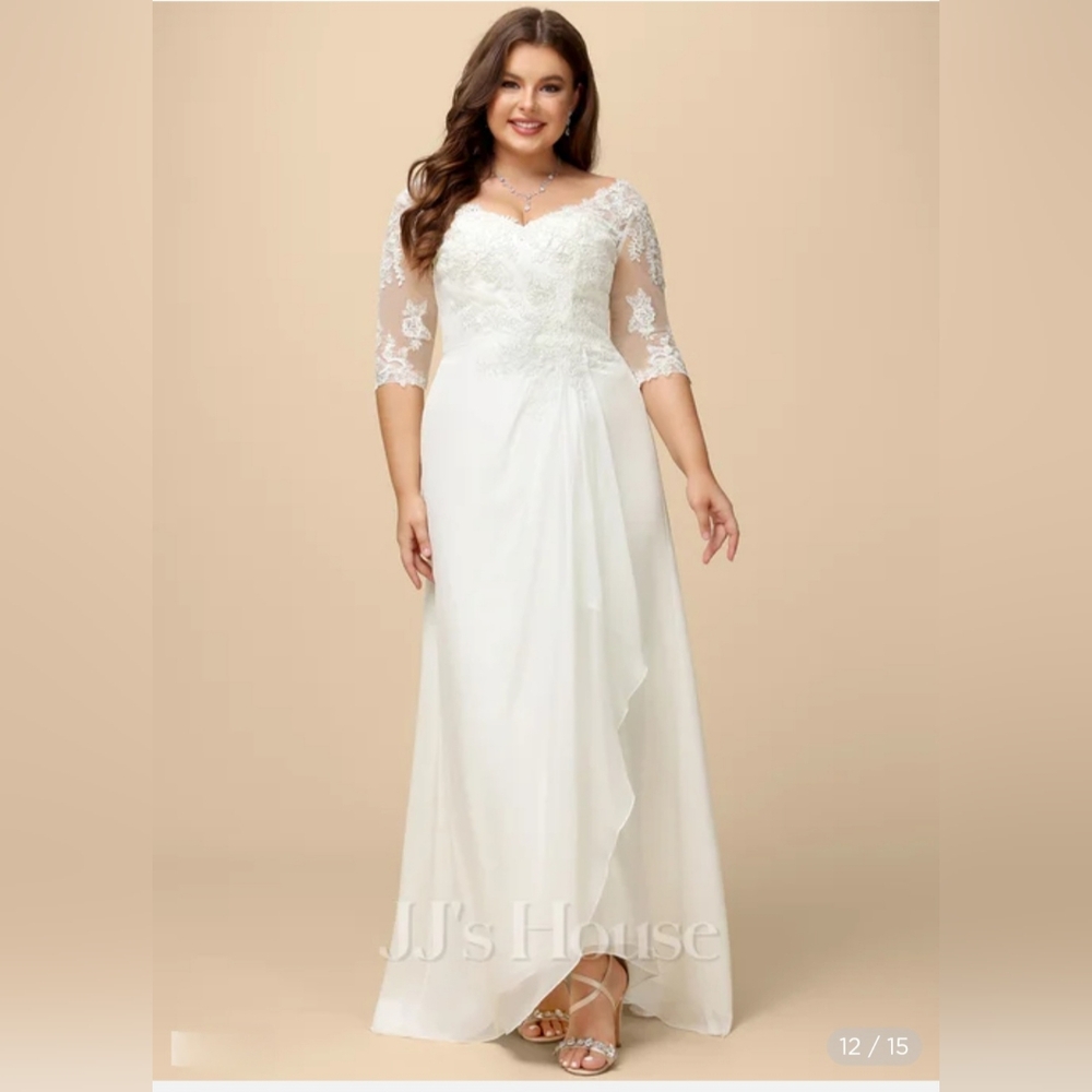 NEW! Size 24W A-line V-Neck Asymmetrical Lace Chiffon Wedding Dress 👰 - Picture 1 of 5